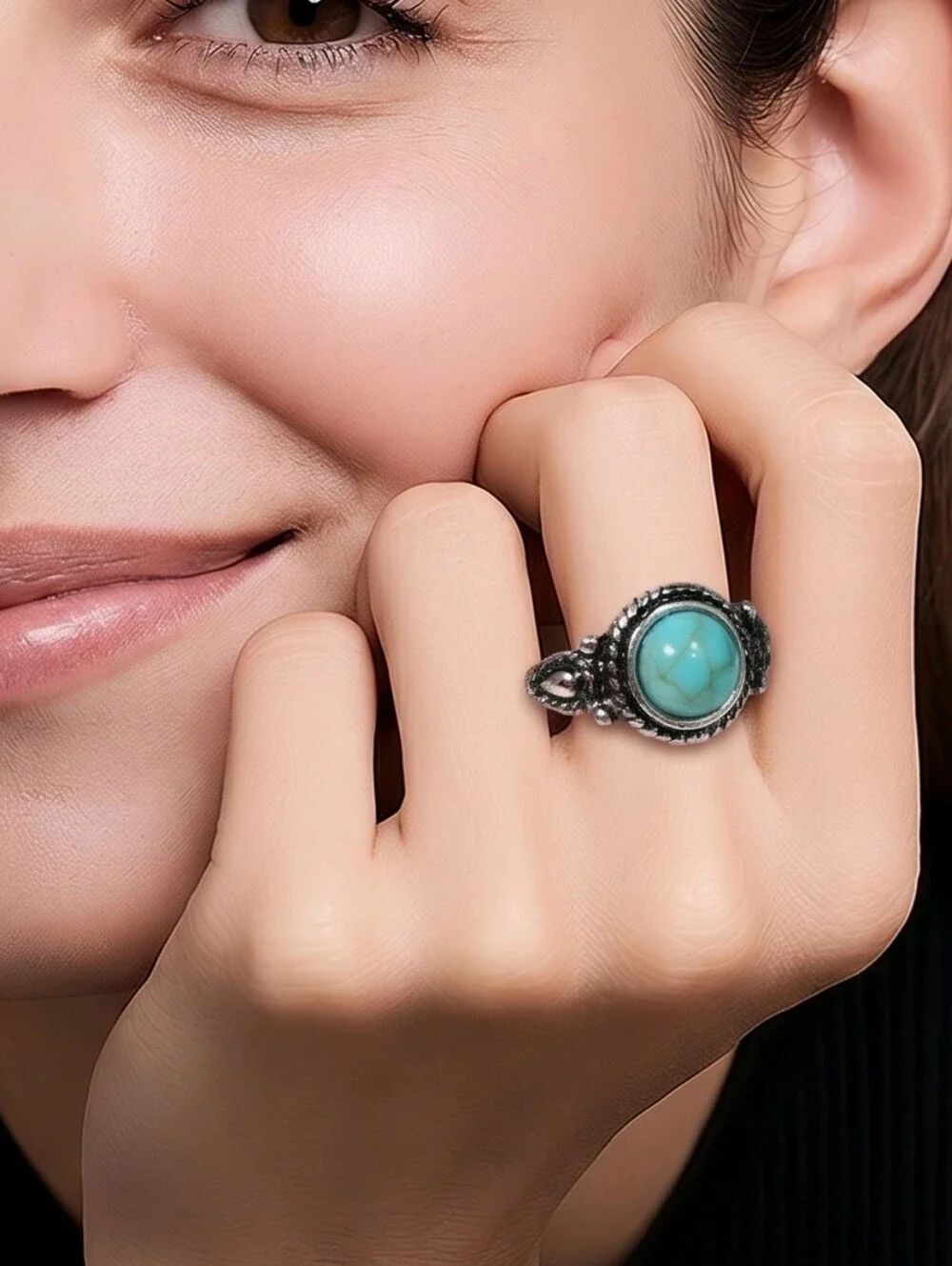 Round Boho Turquoise Ring 🌵 Antique Silver | Western Minimal Tribal Accent